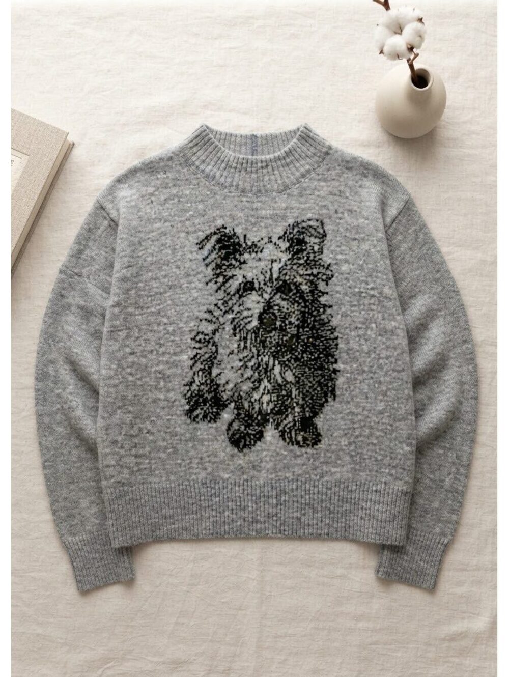 Moth Gray Dog Graphic Knit Sweater Size XL Anthropologie